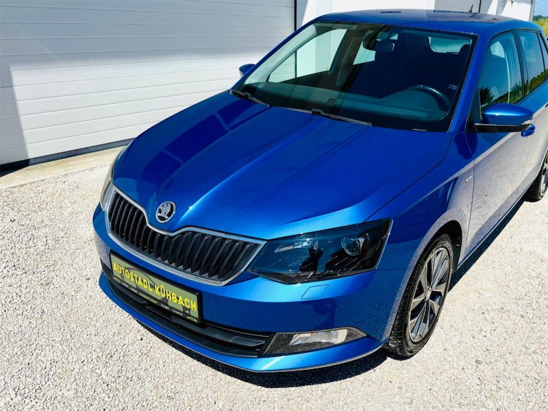 Blauer Skoda Fabia mit Windschutzscheibe